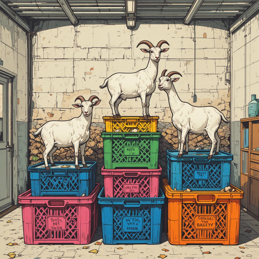 Cabras equilibrando em caixotes coloridos em uma garagem gráfica e iluminada