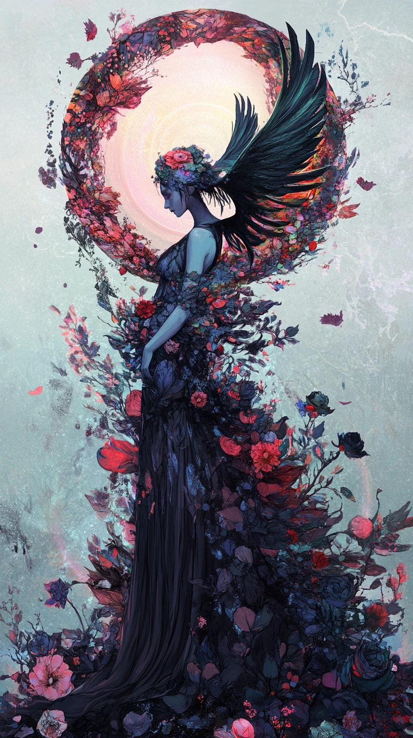 Femme surréaliste fusionnée avec des ailes de corbeau et une architecture florale