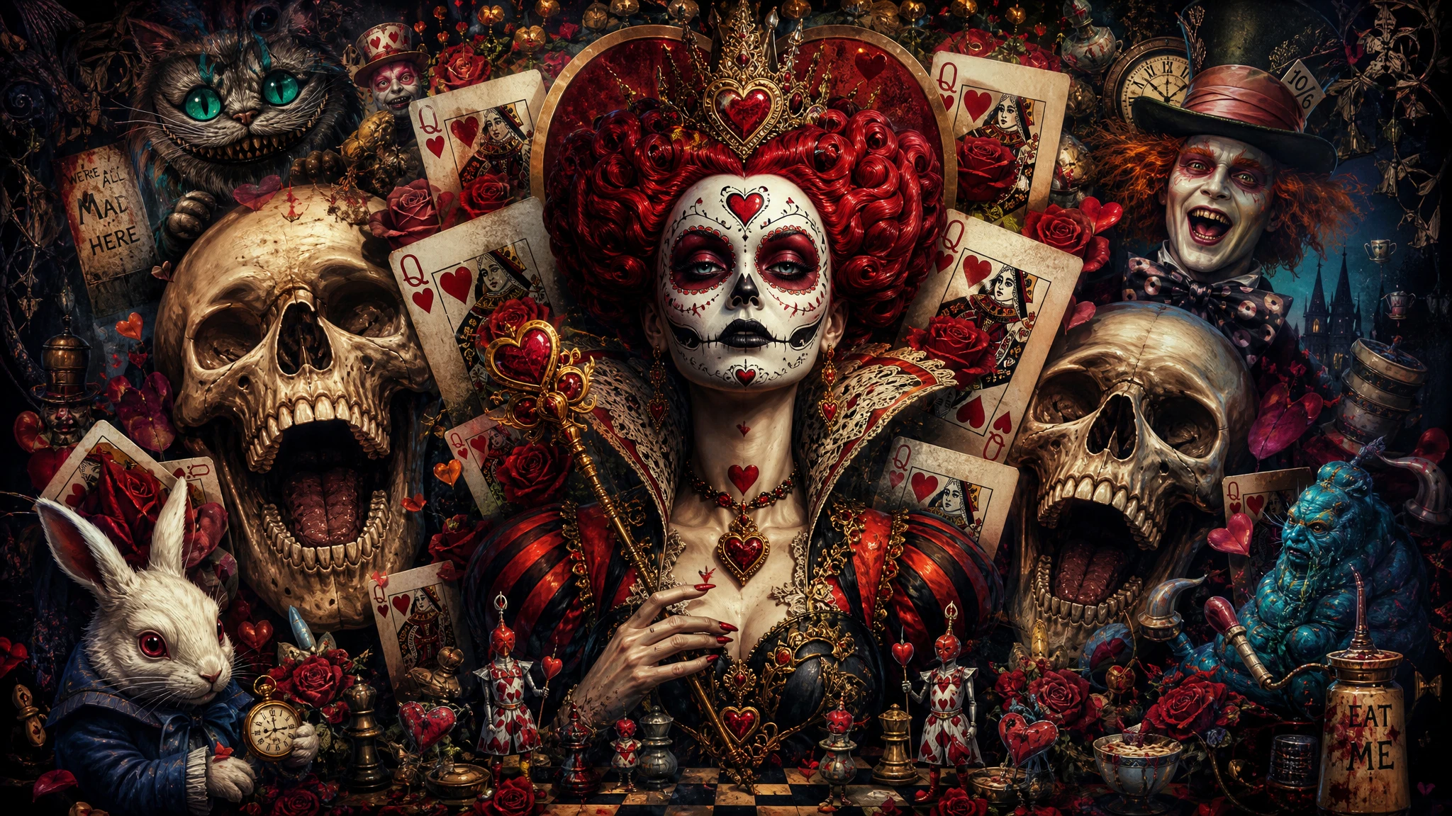 Surreal queen of hearts with sugar skull face and cards