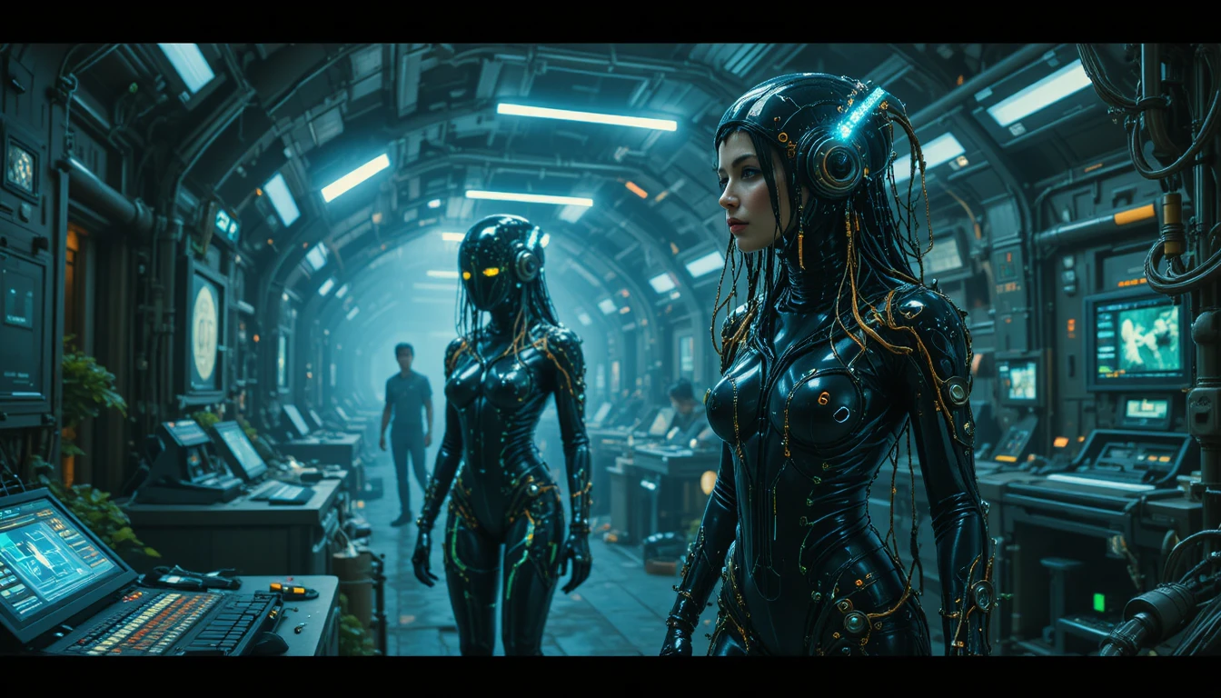 Biopunk woman in living biomechanical tube filled cathedral