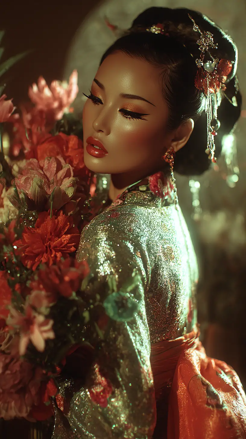 身著華麗漢服與鮮花的優雅古代中國女子