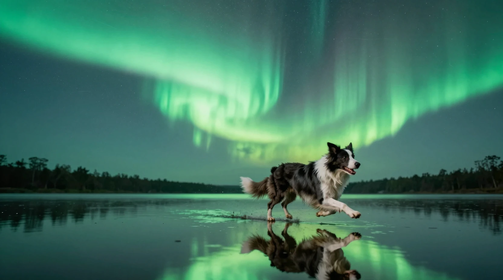 Border collie correndo sobre um lago espelhado sob a aurora