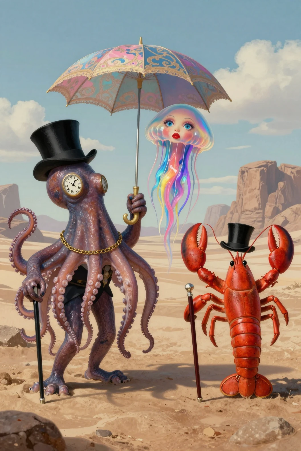 Creature marine surreali in abiti eleganti che attraversano un deserto