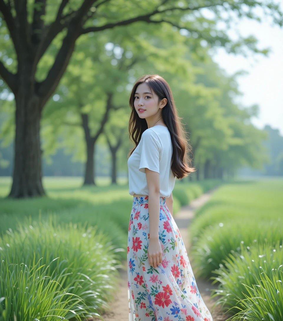 年輕女子走在陽光灑落的綠色草地上