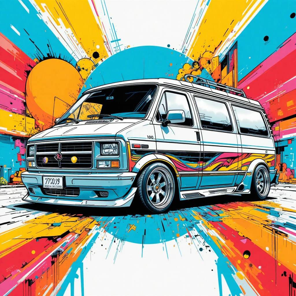 Custom-Eurovan mit kräftigem abstraktem Grafik-Hintergrund