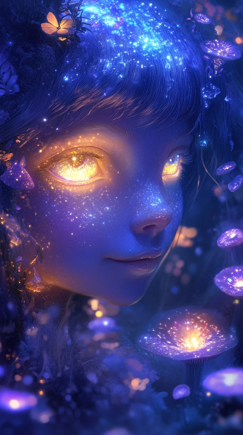 朦朧光影中擁有發光雙眼的夢幻森林精靈