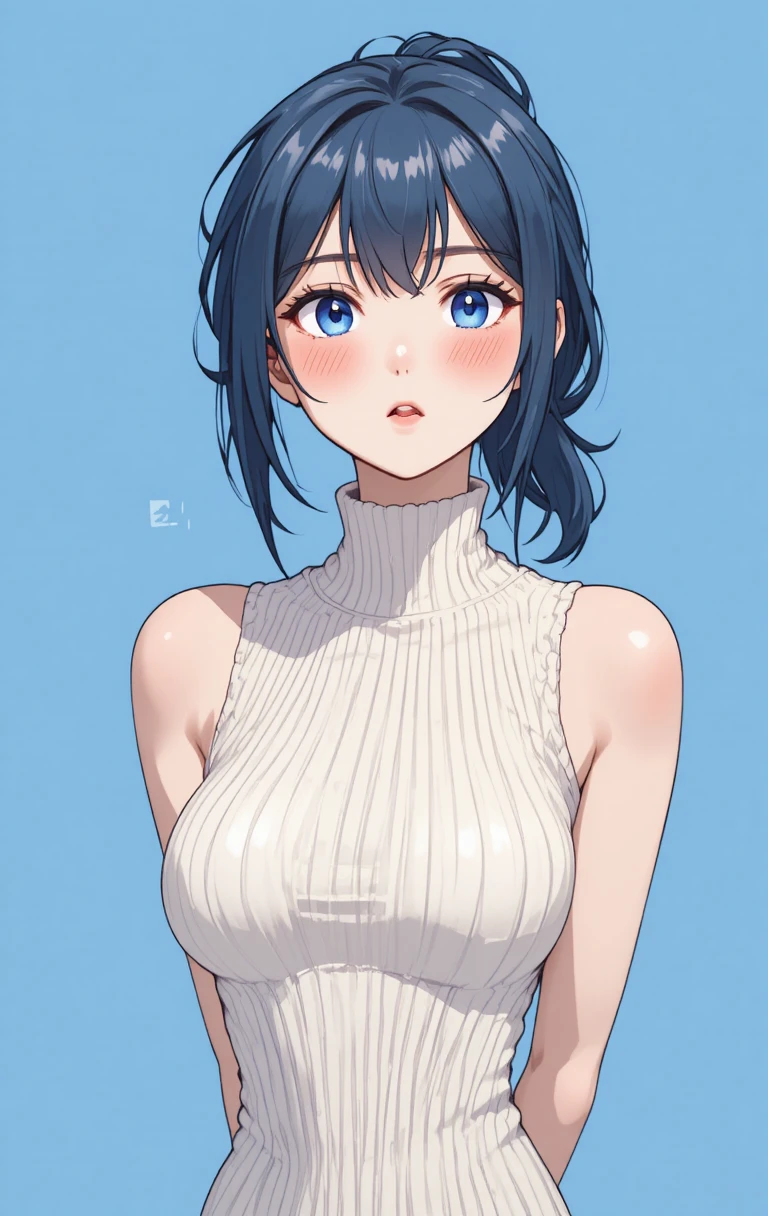 藍色背景下穿奶油色高領的害羞系動漫女孩