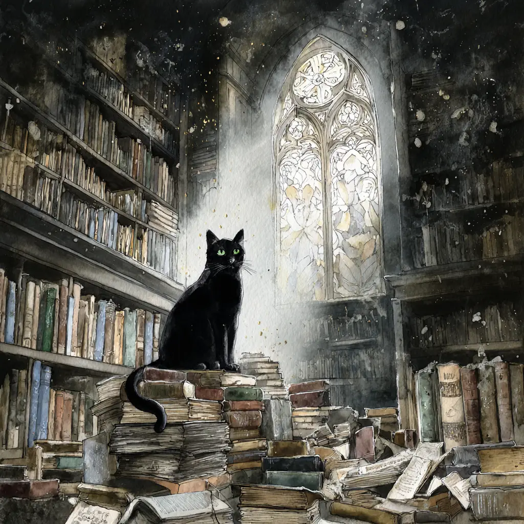 ゴシックな図書館で古書の上に佇む堂々とした黒猫