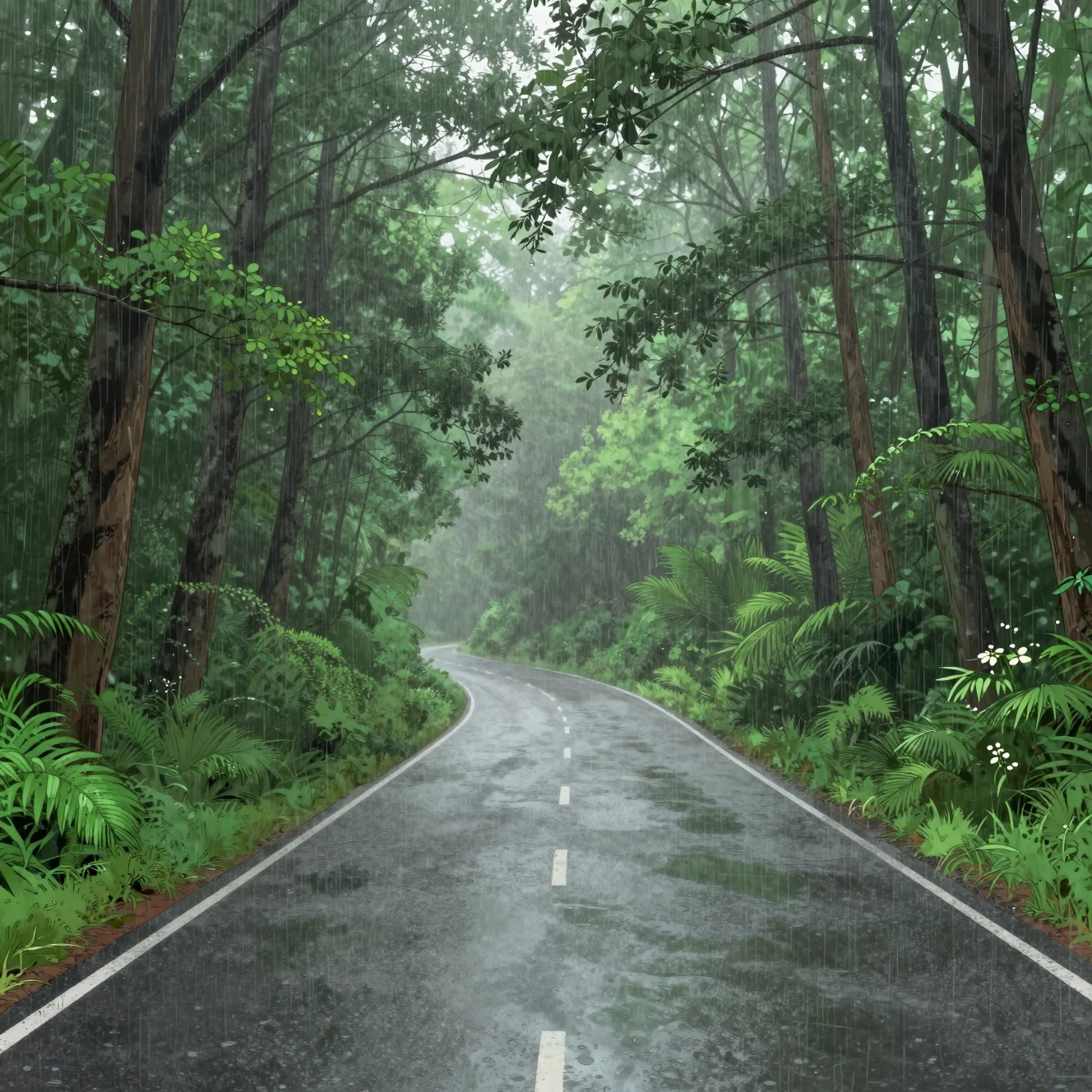 Neblige Waldstraße, die sich im Regen durch sattes Grün windet