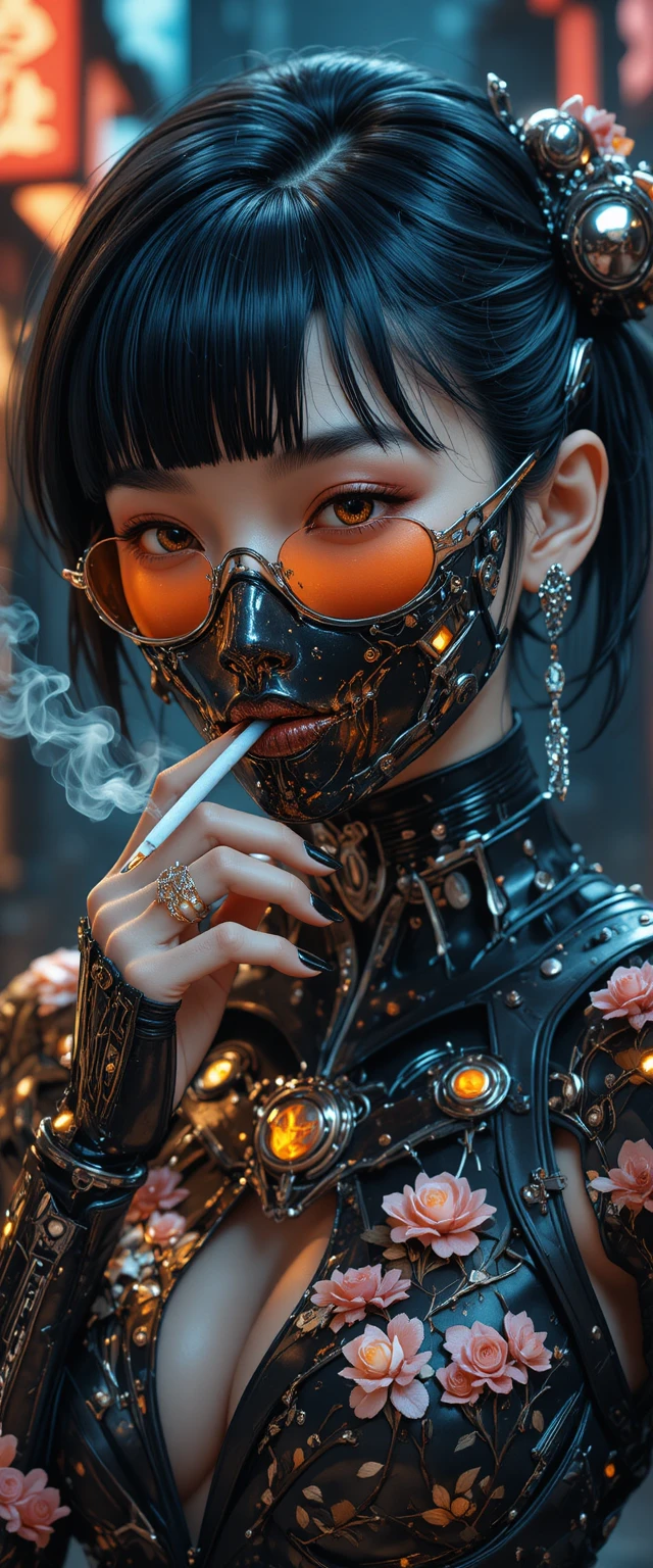 Mulher gótica cyberpunk com máscara metálica e flores