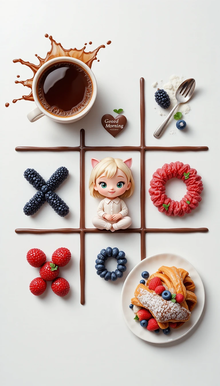 Frühstücks-Tic-Tac-Toe-Brett mit Kaffee und Fruchtsnacks
