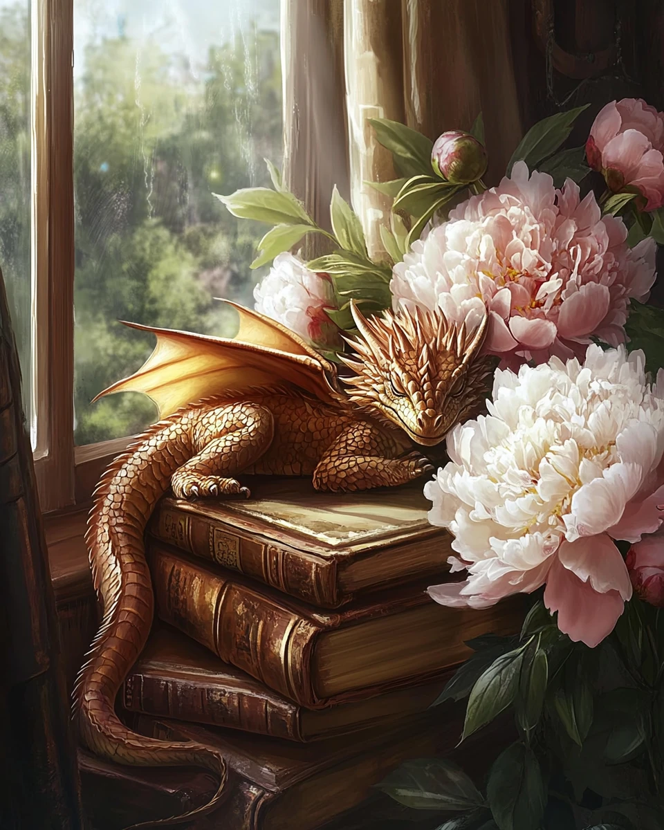 Filhote de dragão dormindo entre livros sob a luz morna do sol