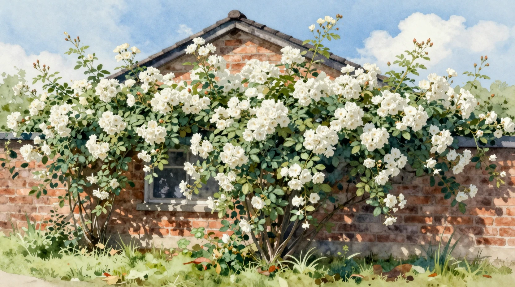 Weiße Kletterrosen bedecken ein Backsteinhaus unter blauem Himmel