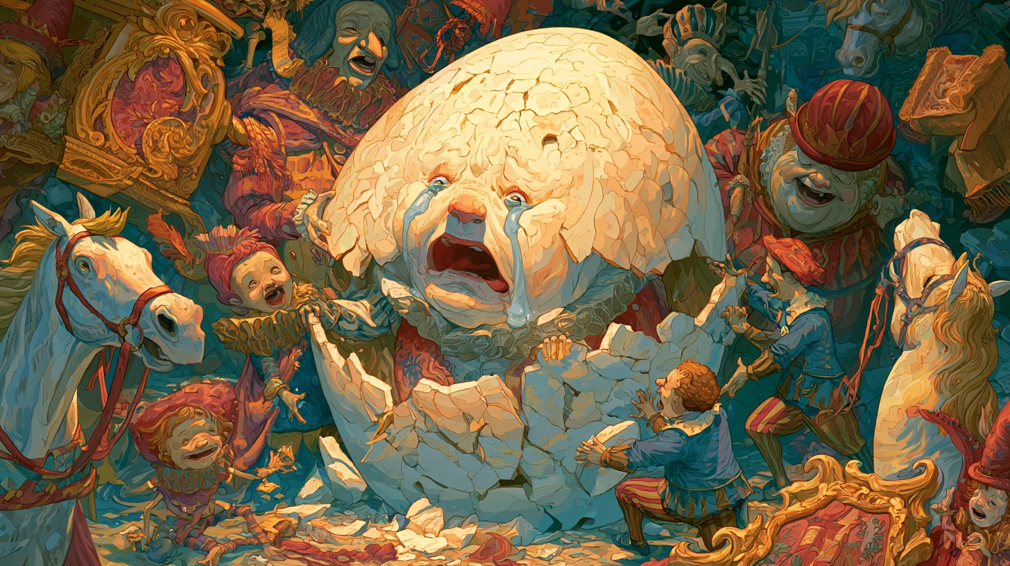 Surreal crying egg woman mourning fallen Humpty Dumpty