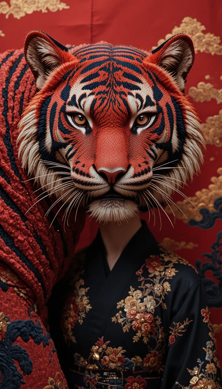 Géante tête de tigre brodée éclipsant un mannequin en kimono