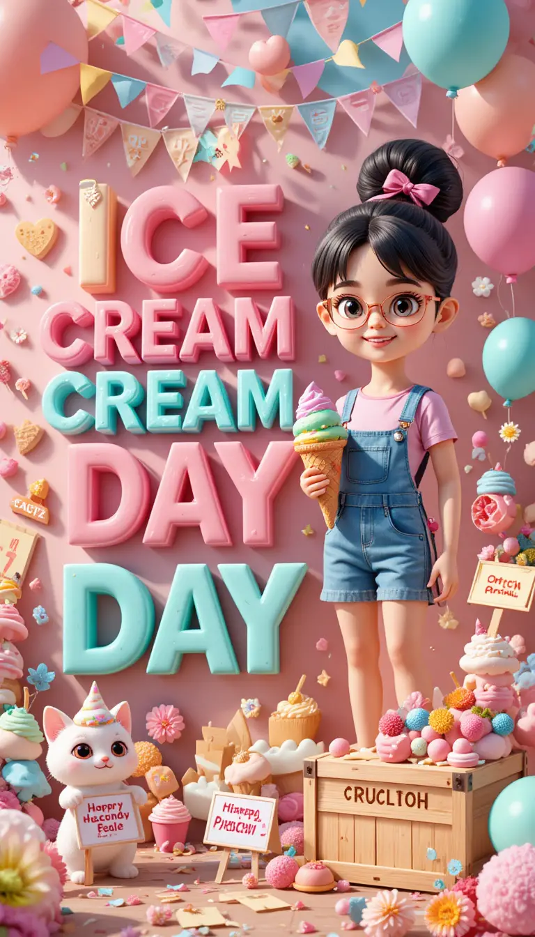 開心的 3D 少女歡慶夏日冰淇淋嘉年華