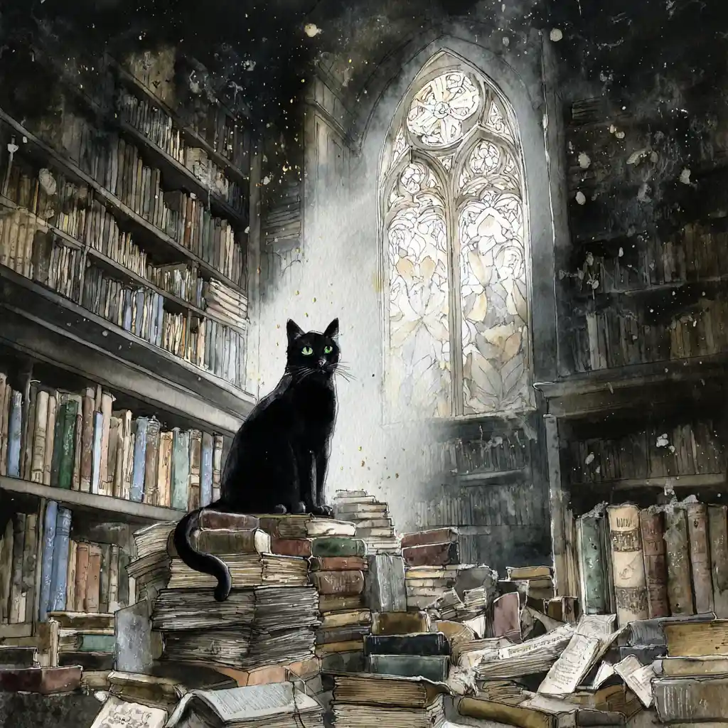 Chatte noire majestueuse sur des livres anciens dans une bibliothèque gothique