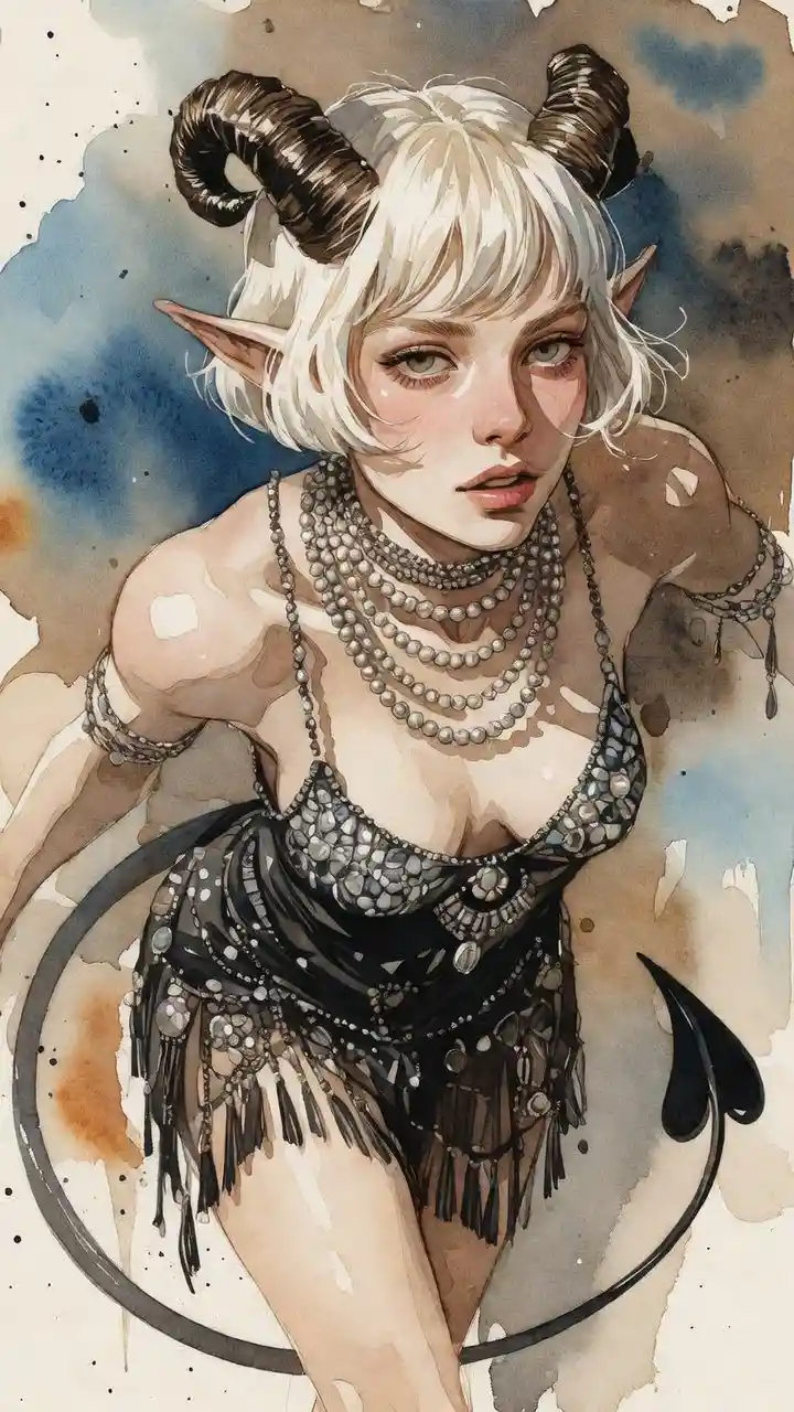 Flapper inspired tiefling woman in low angle pose