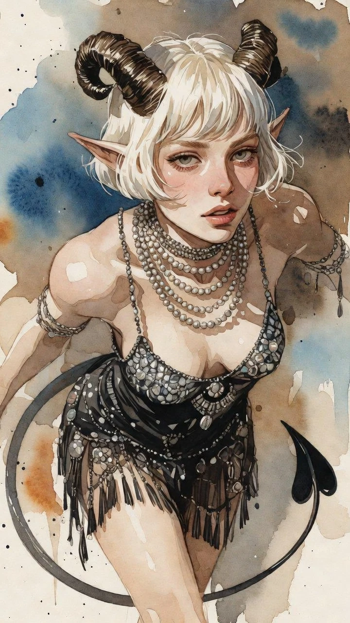 Mulher tiefling em pose de baixo ângulo inspirada nas flappers