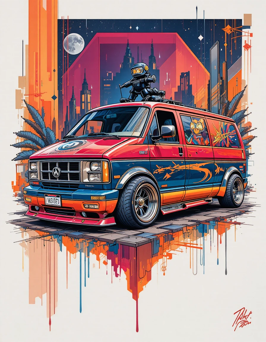 Van style européen en crayon de couleur avec fond graphique audacieux