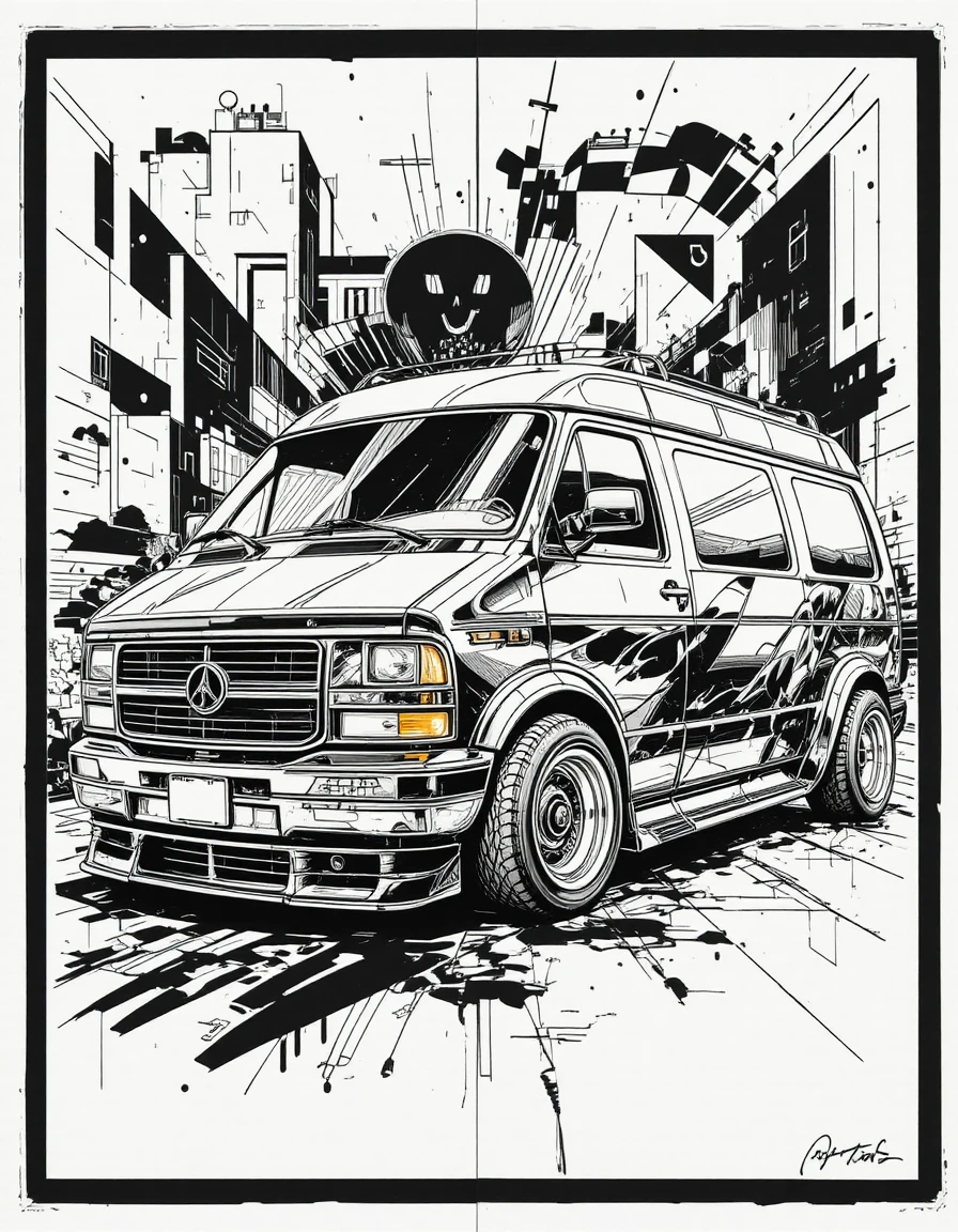 Dessin de van euro custom avec arrière-plan graphique monochrome audacieux