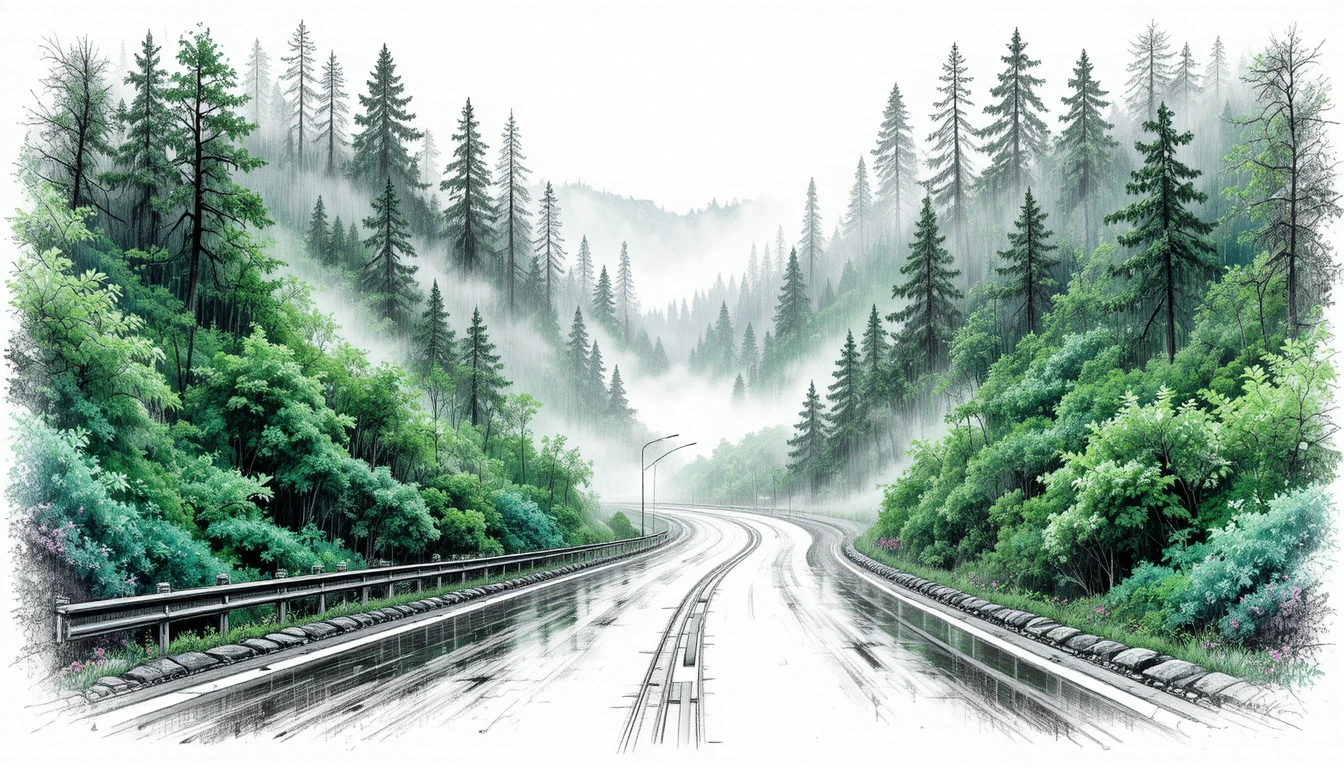 Estrada na floresta enevoada serpenteando por densas árvores esmeralda