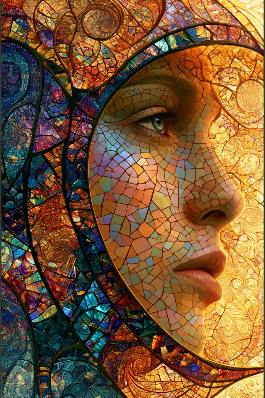 Retrato de deusa em vitral com padrões abstratos brilhantes