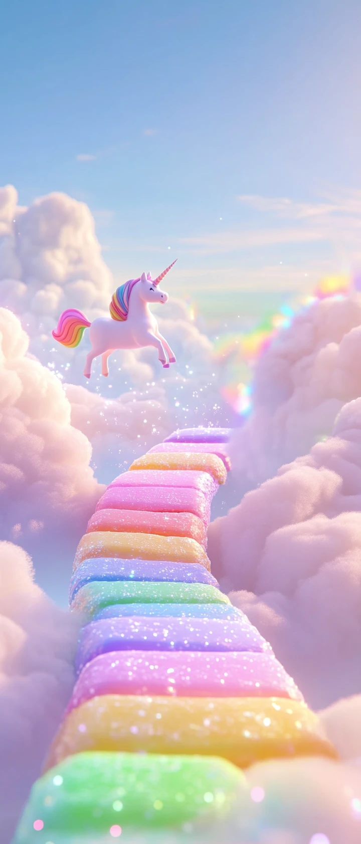 Unicorno su una pista di caramelle arcobaleno fluttuante sopra le nuvole