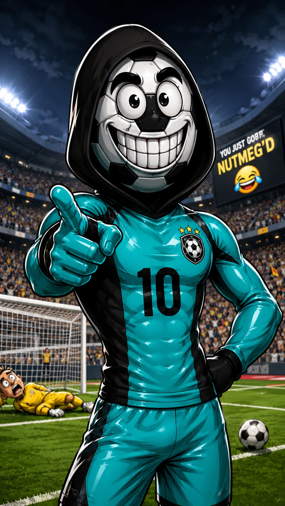 Cartoon-Fußballspieler mit Fußballmaske auf dem Spielfeld