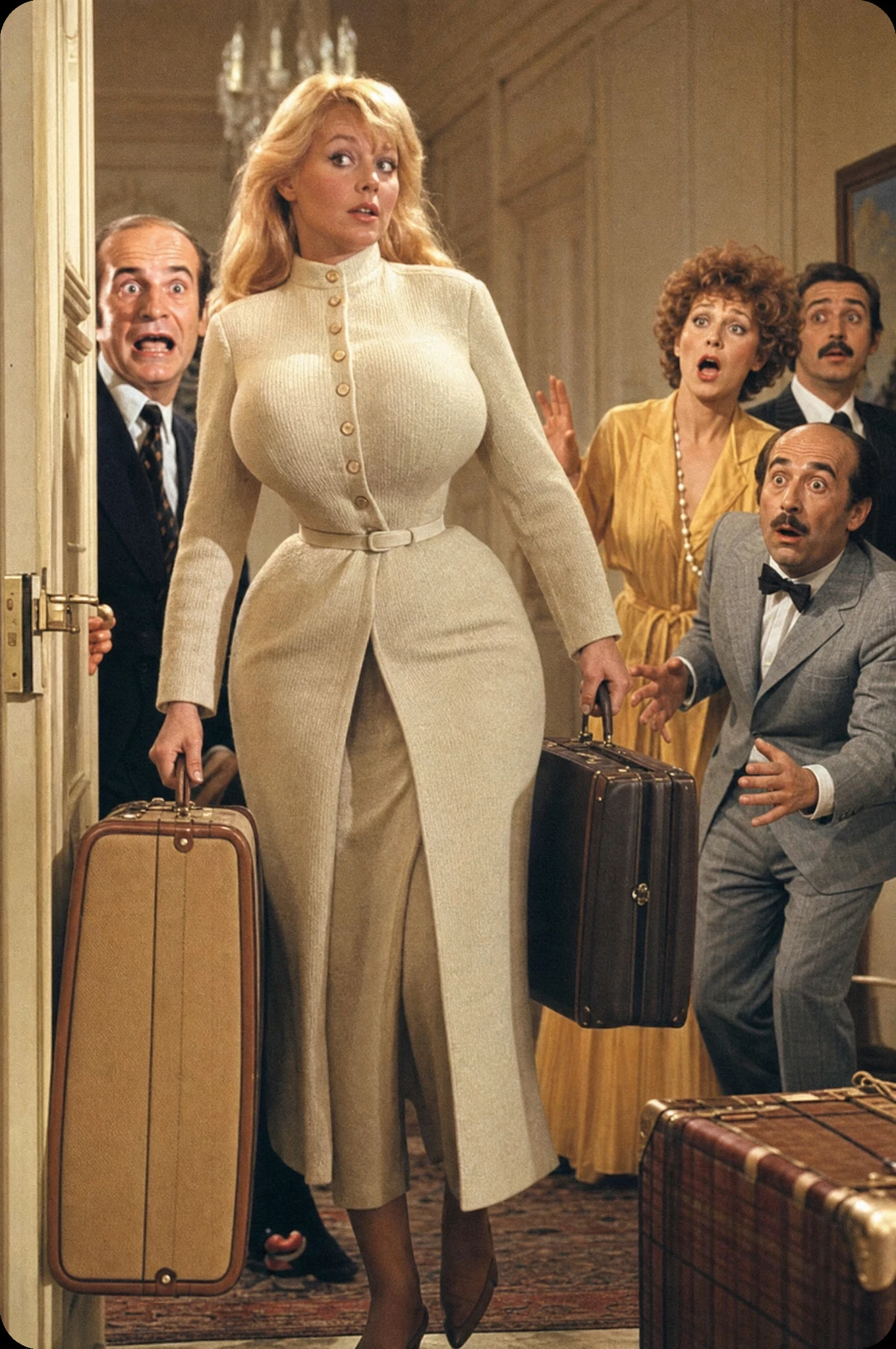 Cena divertida em estilo anos 1970 com personagens franceses expressivos