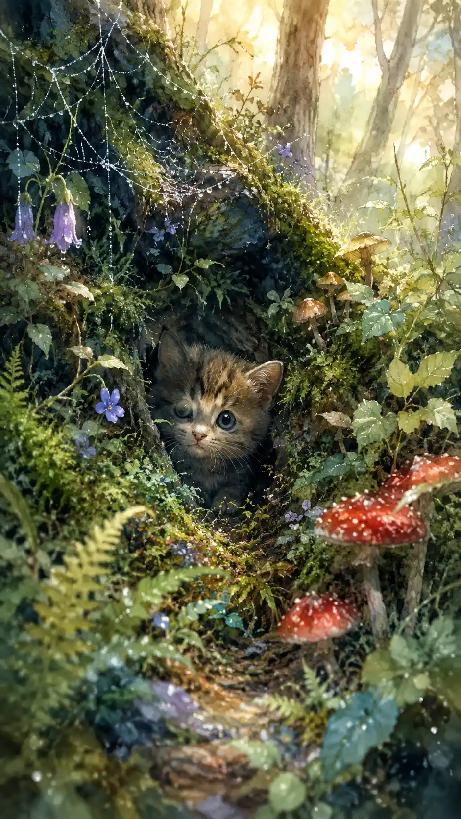 Winziges Kätzchen, versteckt in einer moosigen Waldsenke