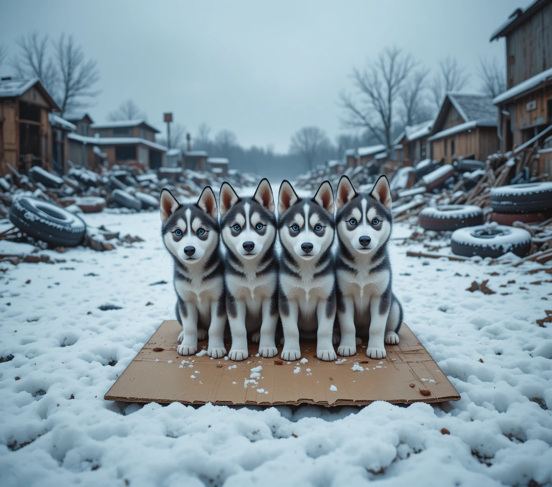 Quatro filhotes de husky reunidos em papelão em um ferro-velho nevado