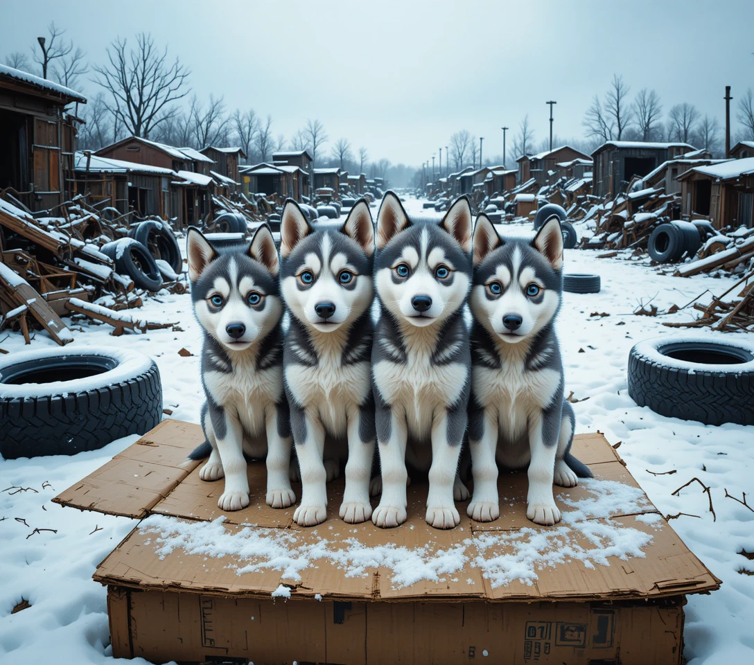 Filhotes de husky agrupados em papelão em um ferro-velho nevado