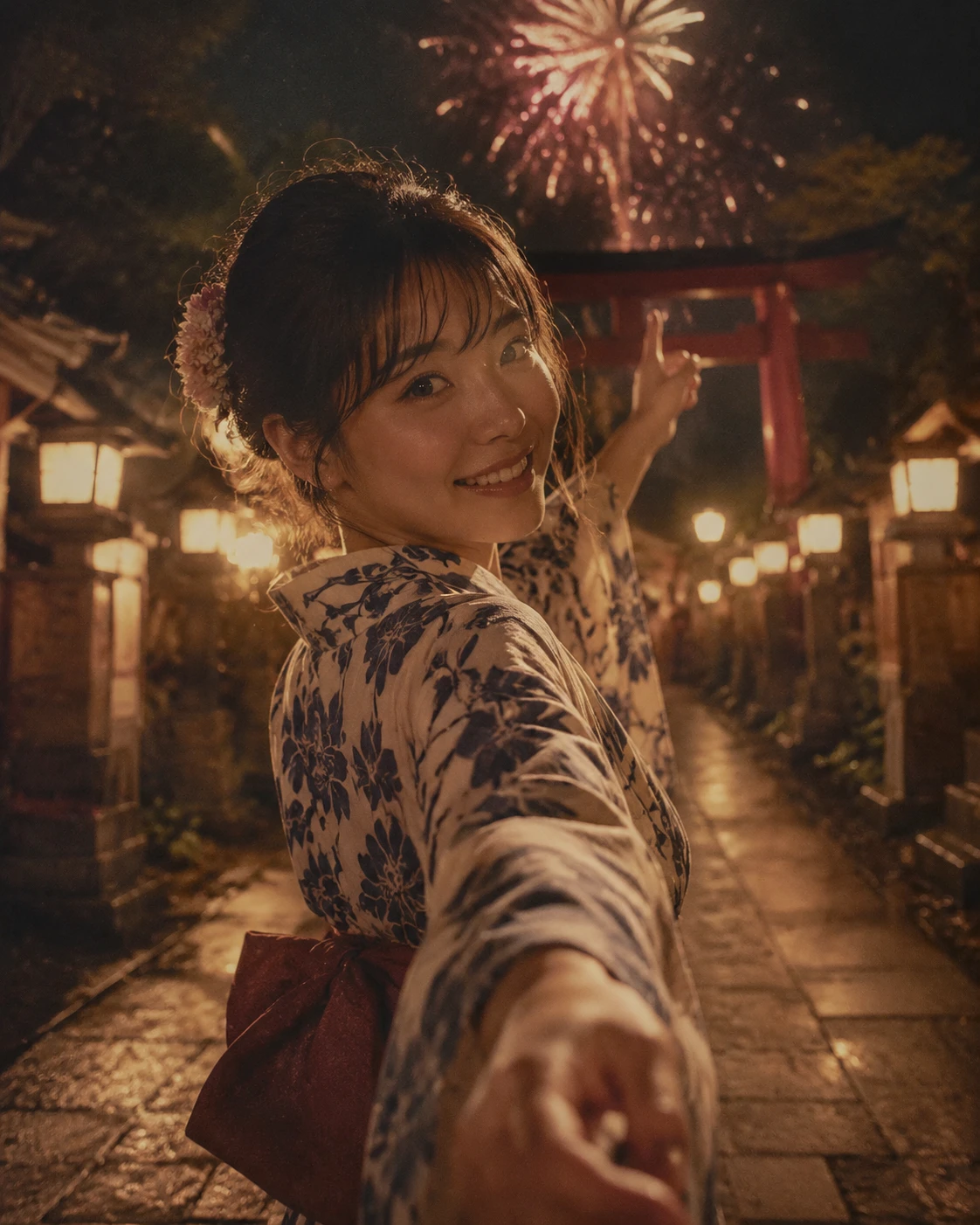 Joven con yukata en sendero de santuario bajo fuegos artificiales