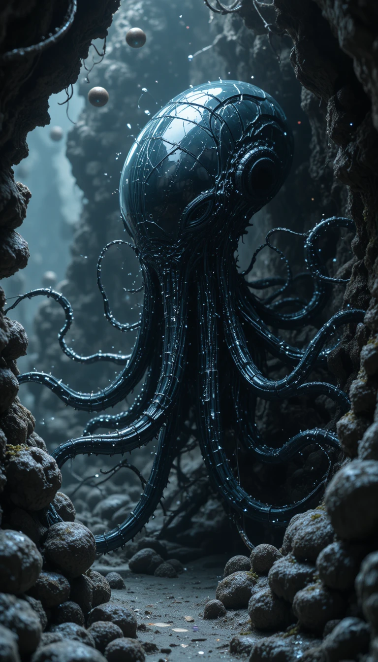 Élégantes créatures symbiotiques extraterrestres dans des tunnels biomécaniques