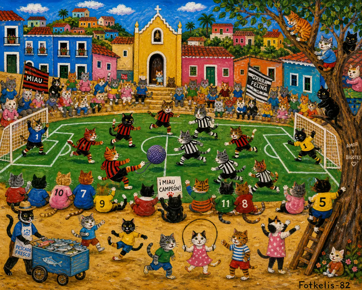 Gatos de arte folclórica ingenua jugando al fútbol en un estadio de pueblo