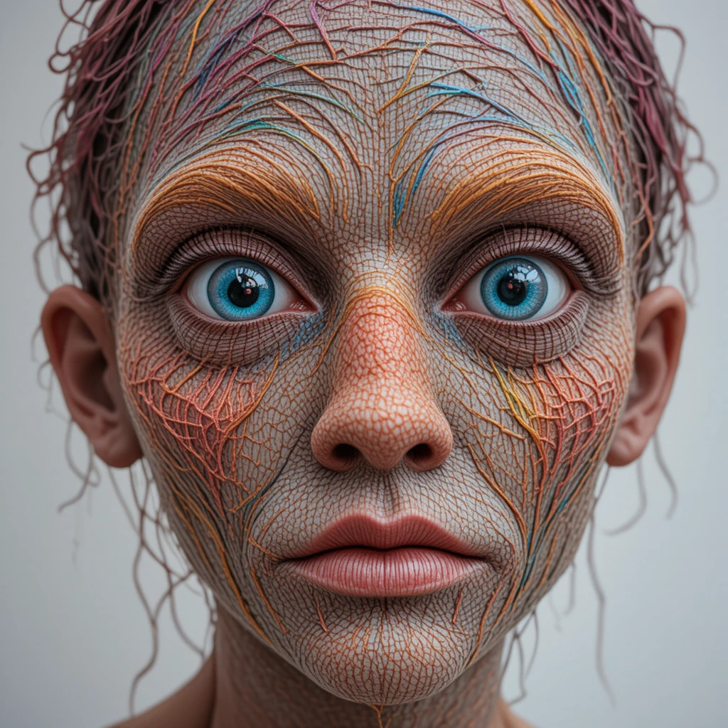 Visage surréaliste en fil tricoté aux traits aliens vibrants