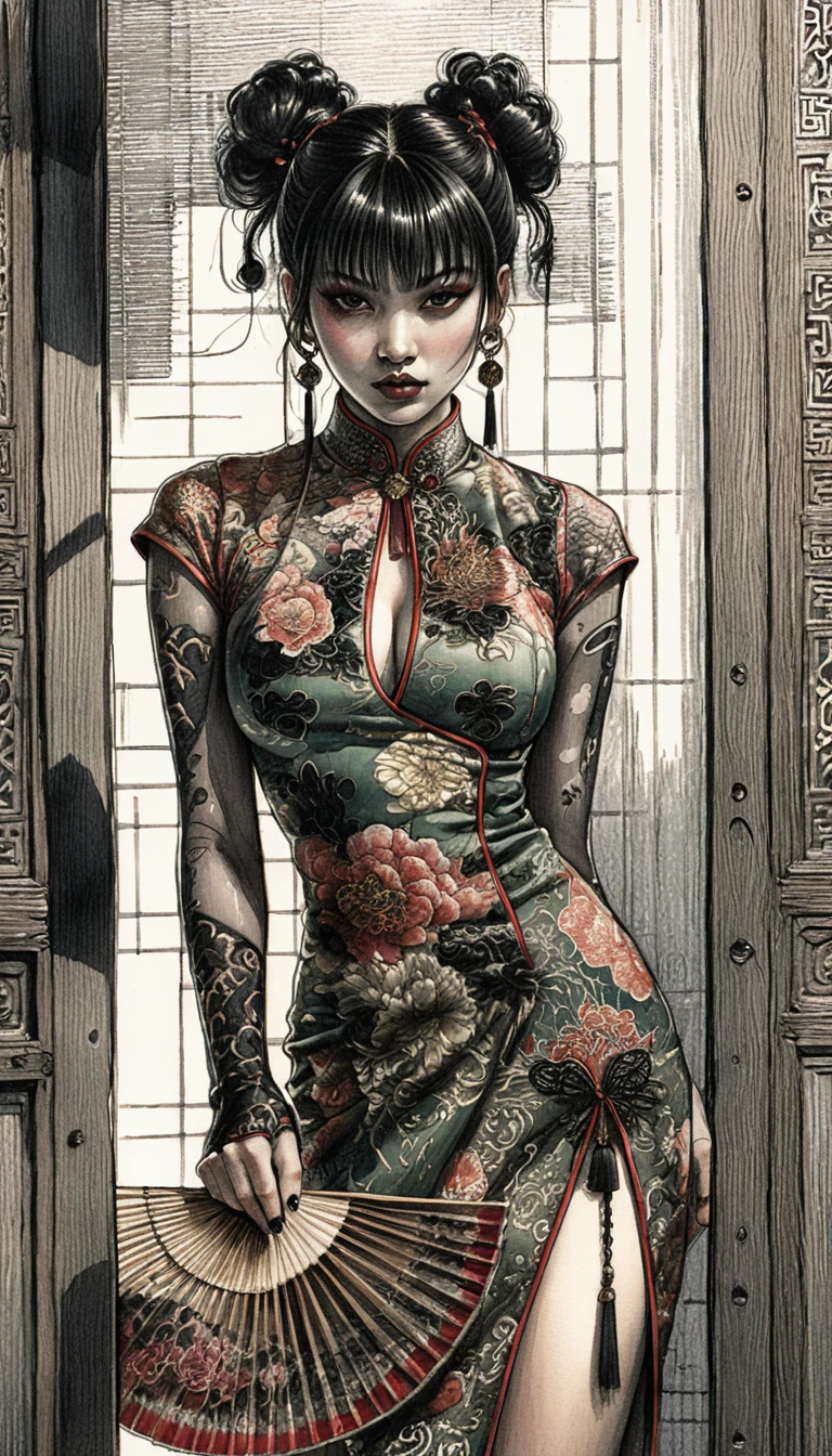Mulher de cabelo escuro em qipao esmeralda com leque