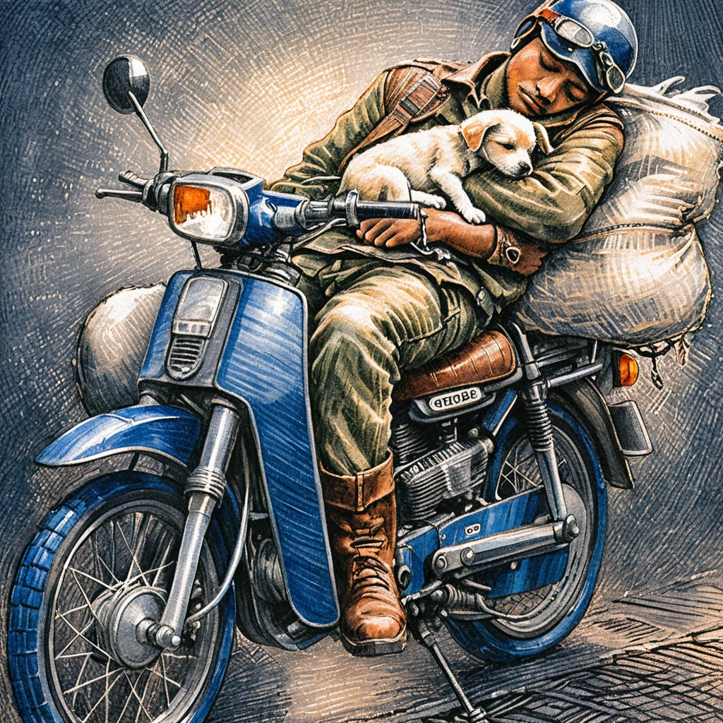 Motociclista cansado dormindo em moto vintage com filhote