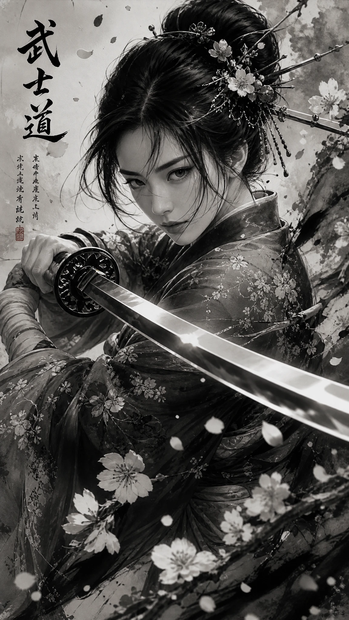 Samurai donna in pittura a inchiostro tra vortici di fiori di ciliegio