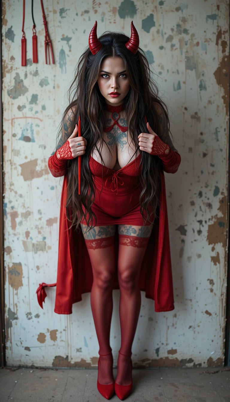 Mulher intensa em fantasia de diabo vermelho em um estúdio de arte