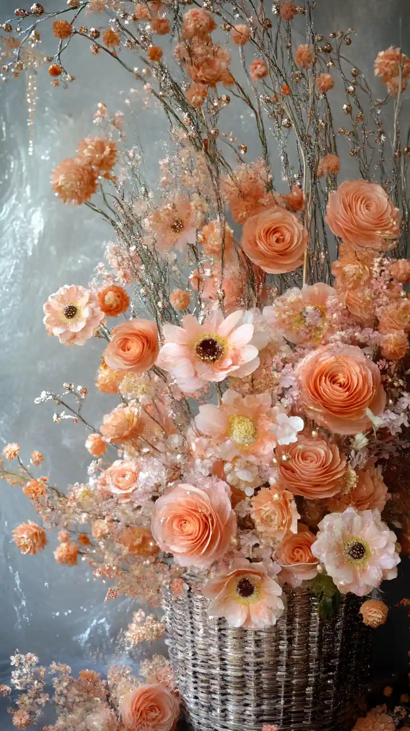 Cesto di fiori pastello con dettagli magici e scintillanti