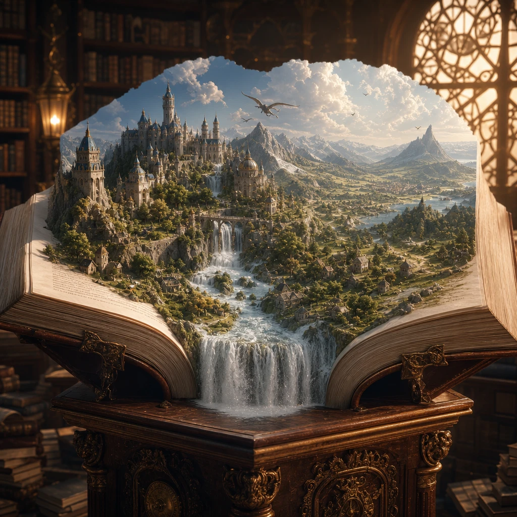 Púlpito com livro aberto 3D e cidade fantástica emergindo