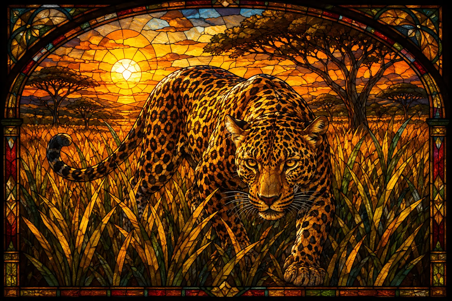 Leopardo in vetro colorato che si aggira nella savana all’ora d’oro