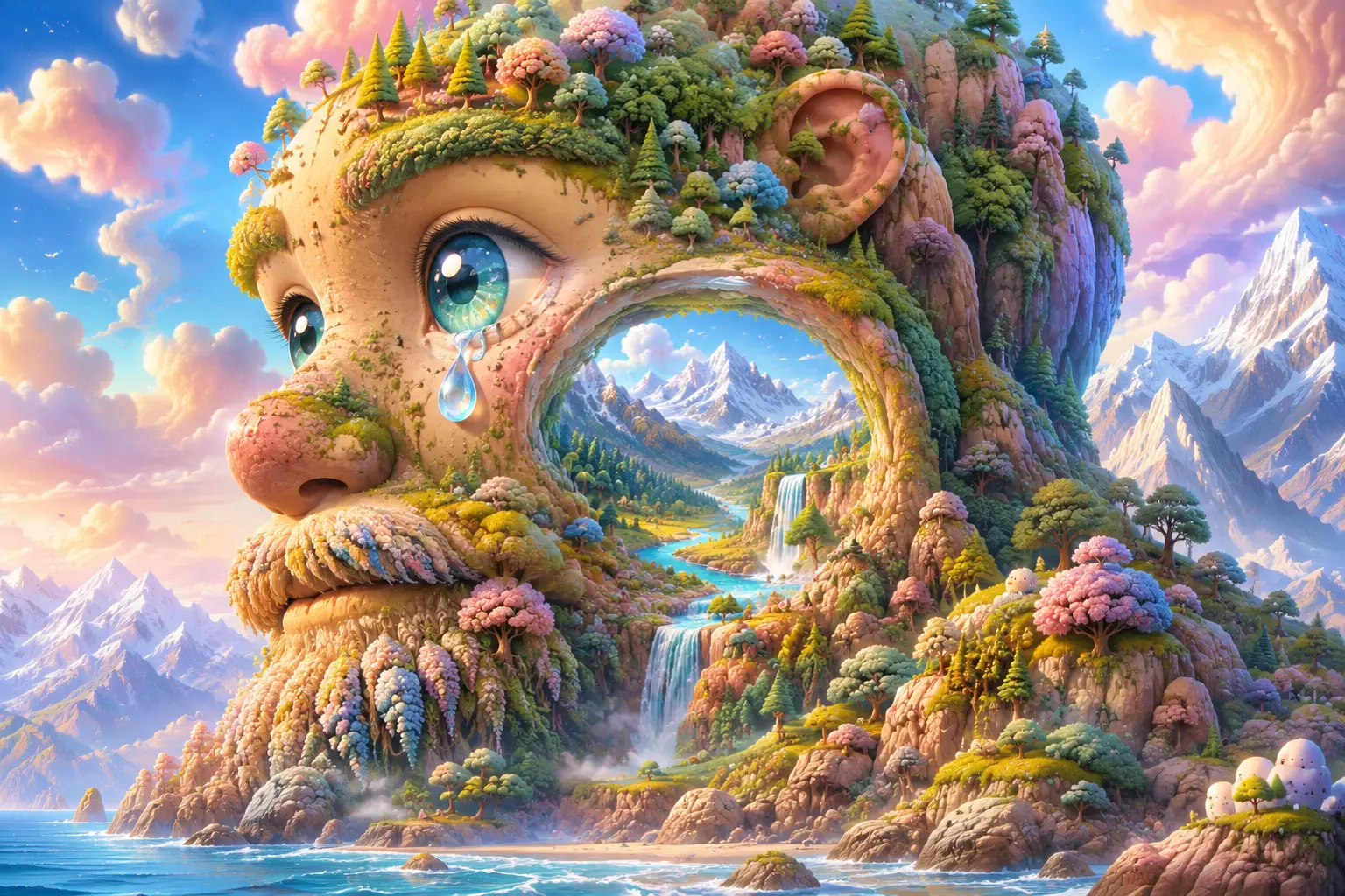 Kawaii-Erdgigant im Porträt in einer surrealen Pastelllandschaft