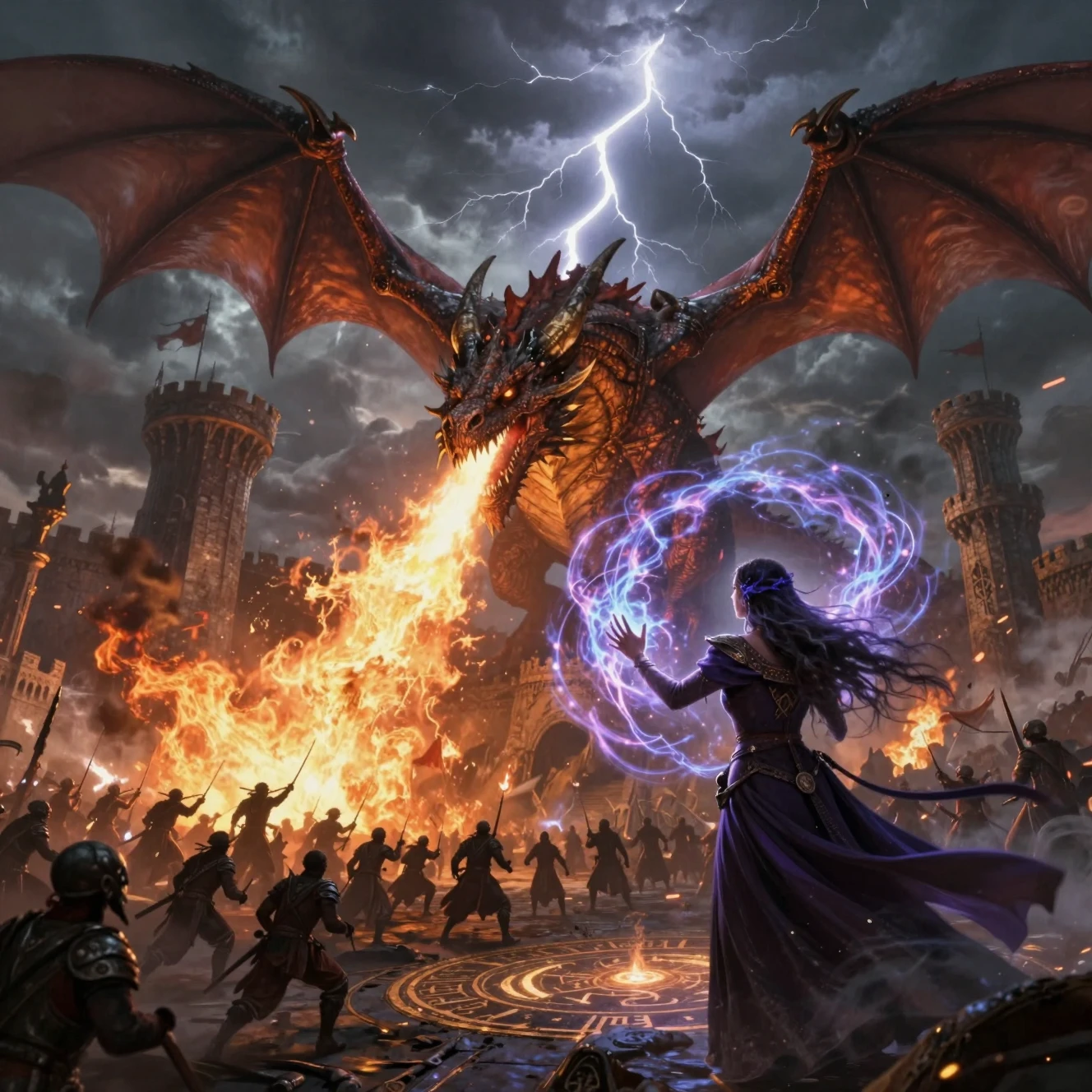 壮大なファンタジー戦闘で中世の城を襲うドラゴン