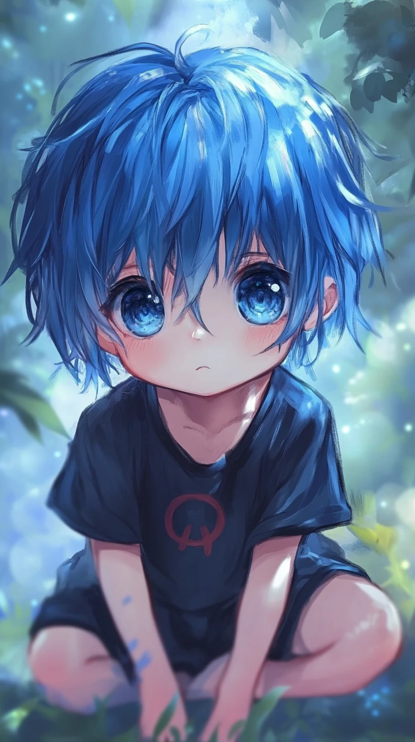 Portrait d’un garçon chibi aux cheveux bleus dans une forêt de rêve