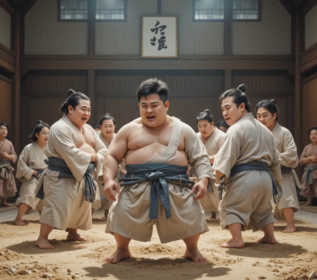 Lottatori di sumo tradizionali che si allenano in un’arena al coperto