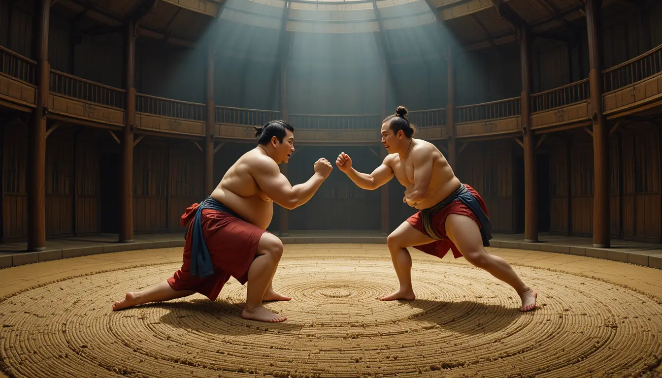 Lottatori di sumo si scontrano in un’arena giapponese tradizionale al coperto