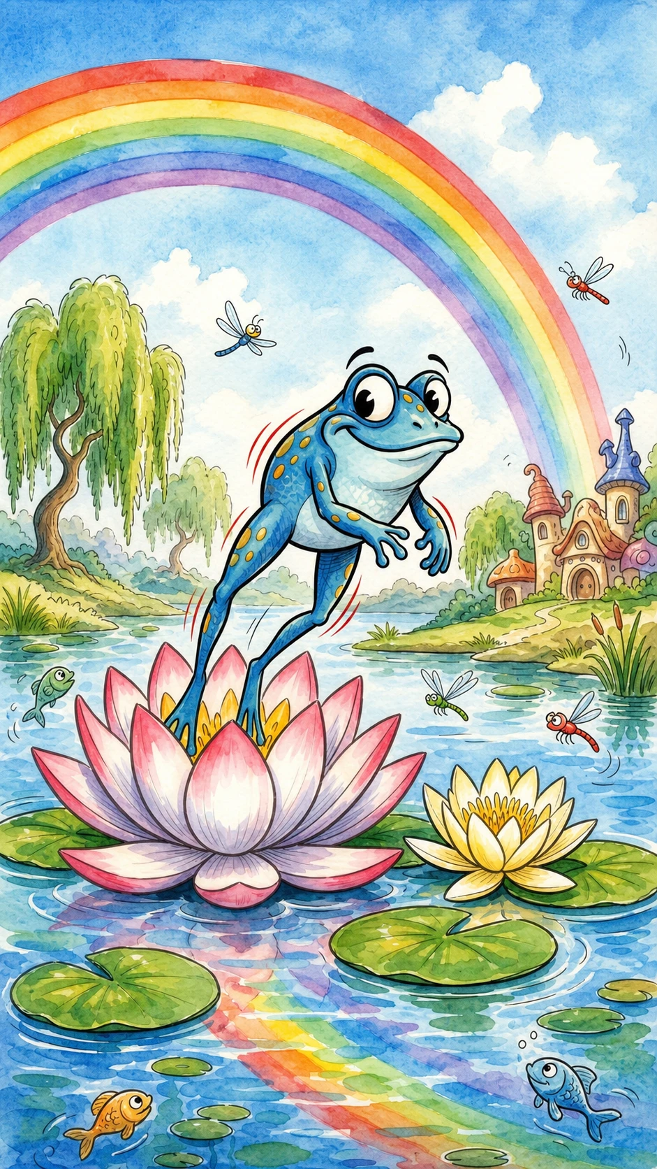 Grenouille bleue parmi les nénuphars sous un doux ciel arc-en-ciel